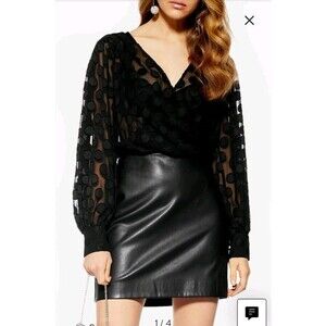 TOPSHOP Size 12 Sultry Spot Mesh Surplice Wrap Dress $125 NWT Black Faux Leather